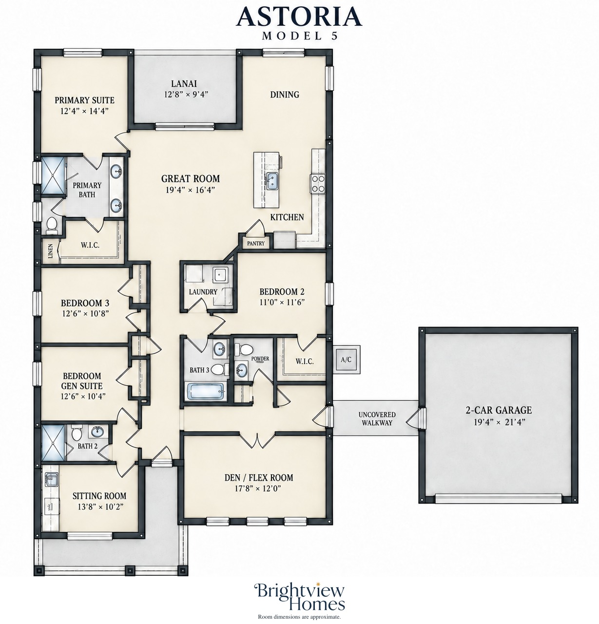 Astoria floor plan — 4 bedroom, 3.5 bath, 2,551 sq ft, single story, by Brightview Homes