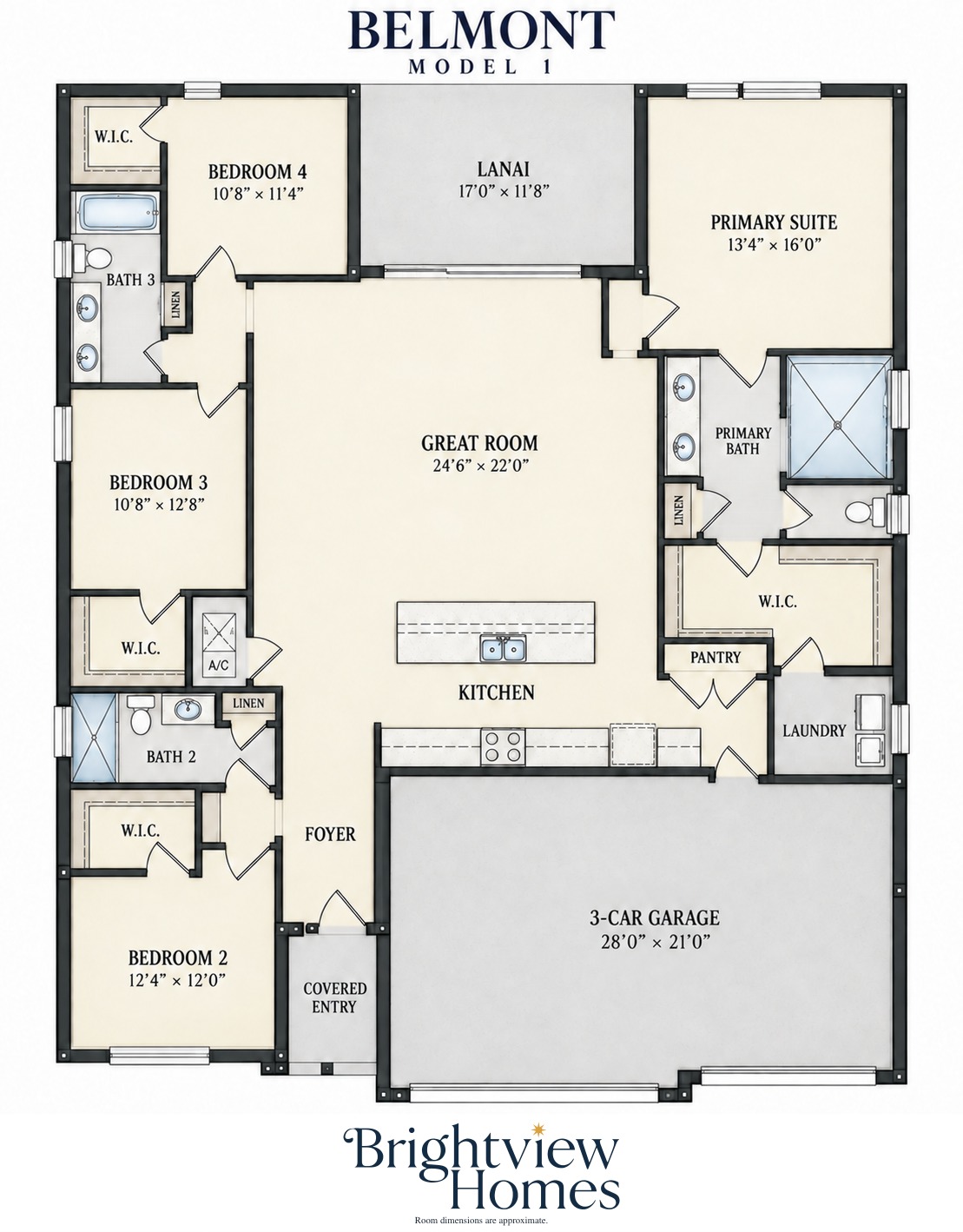 Belmont floor plan — 4 bedroom, 3 bath, 2,307 sq ft, single story, by Brightview Homes