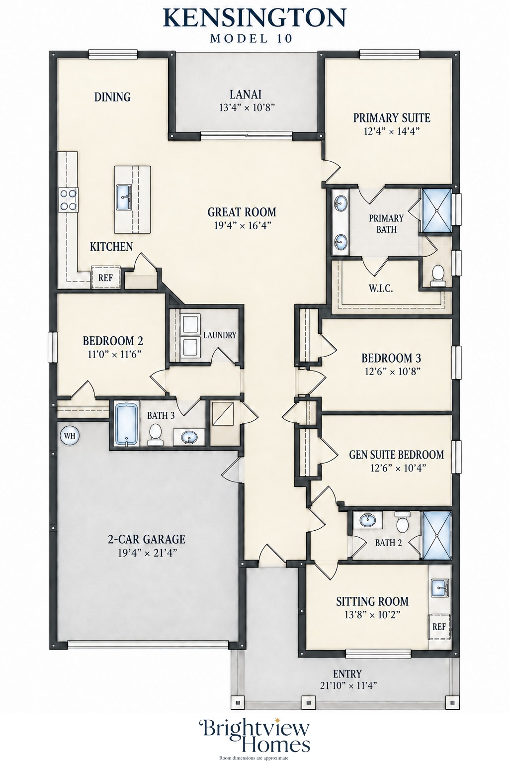 Kensington floor plan — 4 bedroom, 3 bath, 2,112 sq ft, single story, by Brightview Homes