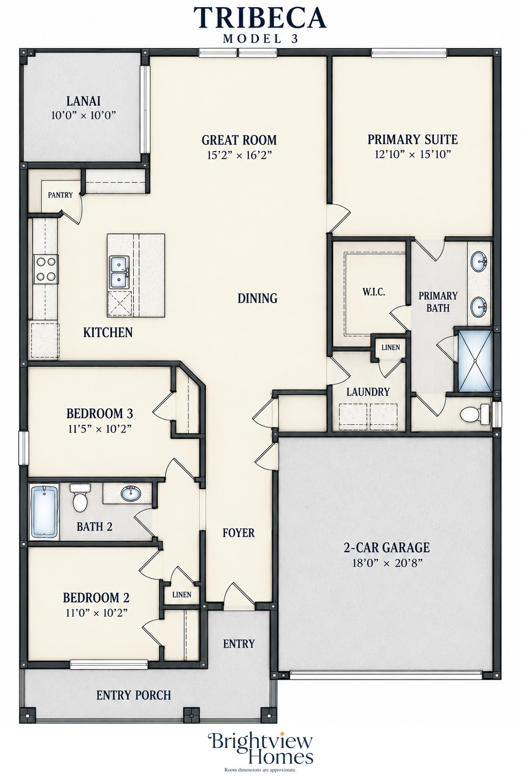 Tribeca floor plan — 3 bedroom, 2 bath, 1,665 sq ft, single story, by Brightview Homes