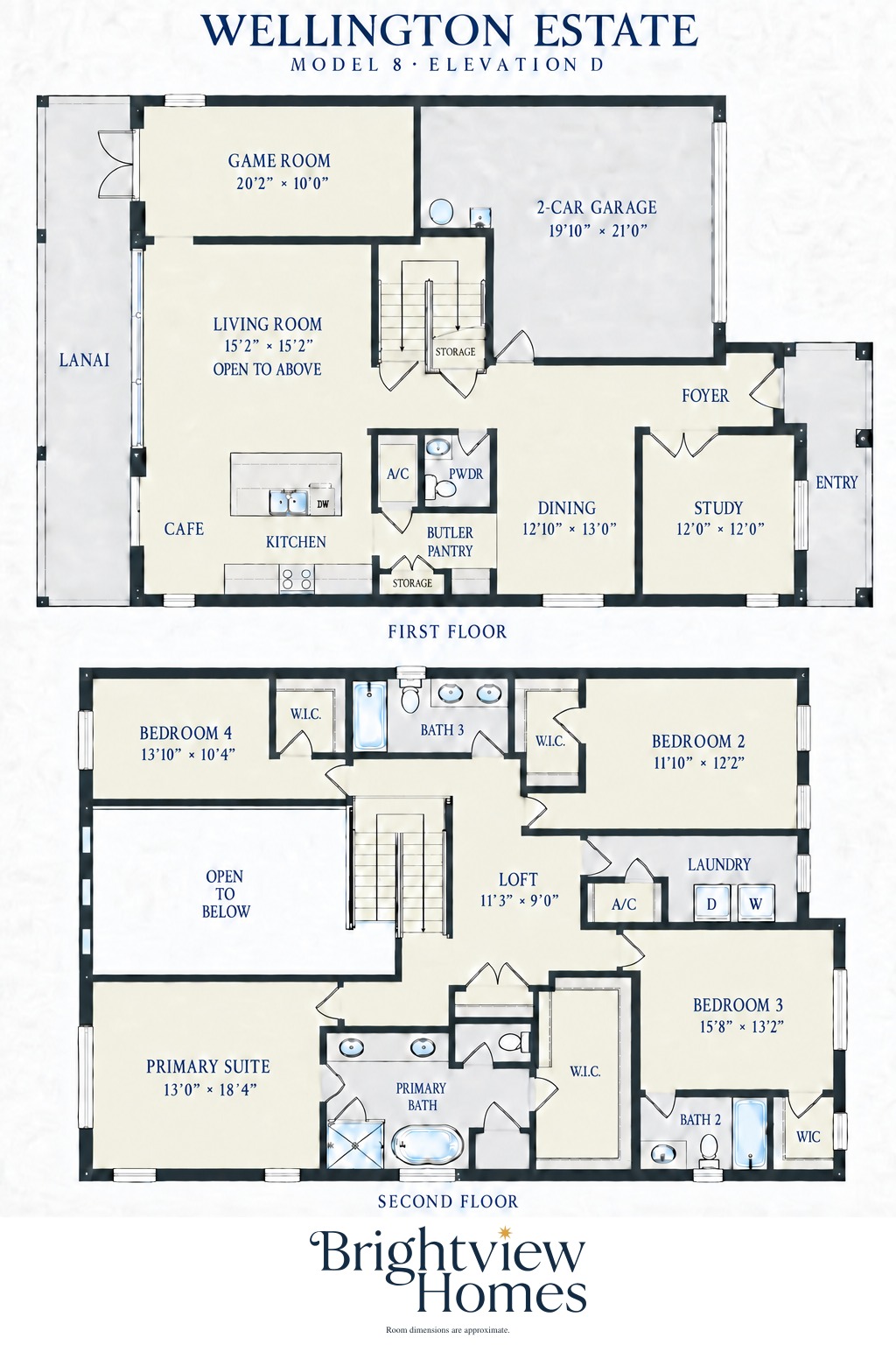 Wellington Estate floor plan — 4 bedroom, 3.5 bath, 3,479 sq ft, 2 stories, by Brightview Homes
