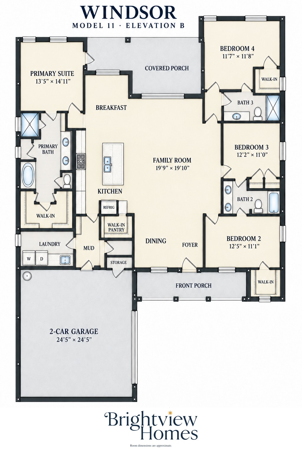 Windsor Modern floor plan — 4 bedroom, 3 bath, 2,400 sq ft, single story, by Brightview Homes